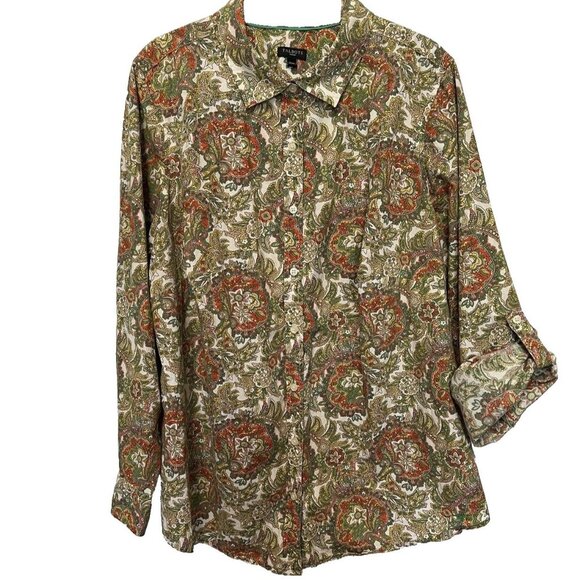 Talbots Tops - Talbots Plus Women's Blouse 16W  Button Down Cotton Paisley Roll Tab Sleeve Top